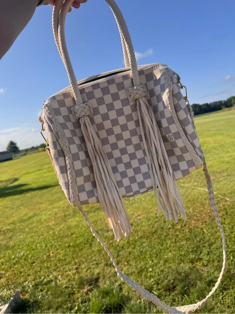 Louis Vuitton Ivory Checkered Satchel with Tassel Accents
